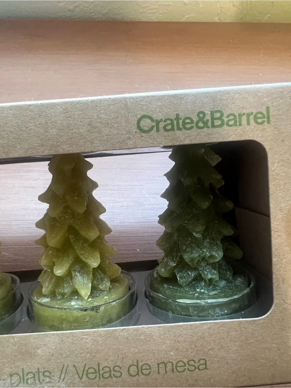Crate & Barrel Green Christmas Holiday Tree Tealight Candles Set of 4 NIB